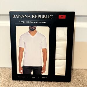 Mens BANANA REPUBLIC 3 Pack Essential V-Neck T-Shirt White Cotton Stretch Size M